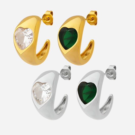 Green White Heart Stud Stainless Steel Earrings