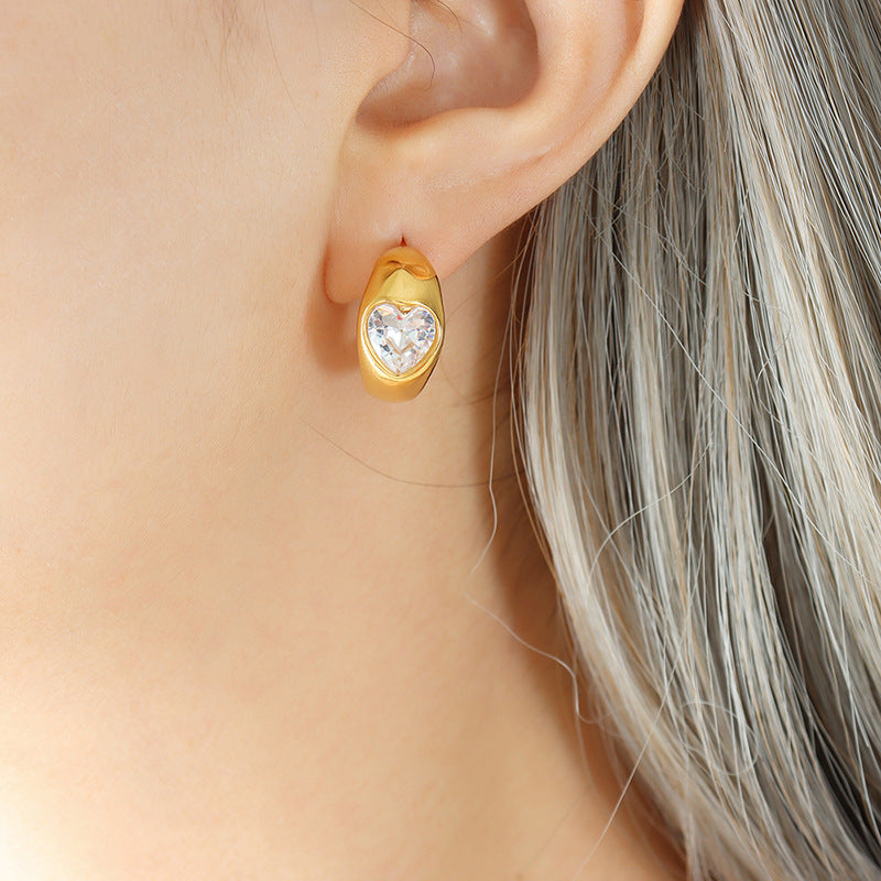 Green White Heart Stud Stainless Steel Earrings