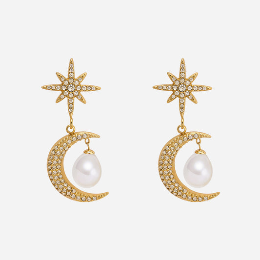 Eight-pointed Star Zircon Earrings With Imitation Pearl