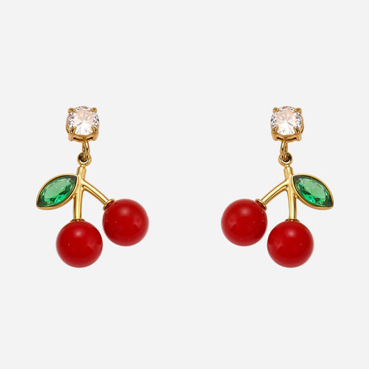 Oil-dripped Red Cherry Earrings Inlaid With Zircon Stainless Steel