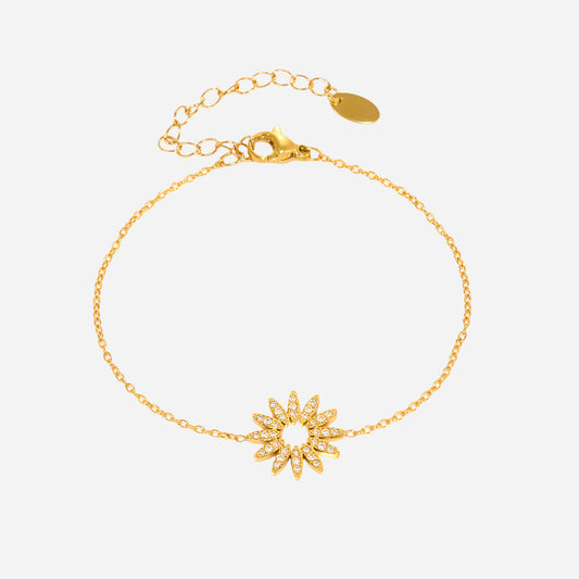  Gold sunflower tennis bracelet with zircon details on a light gray background