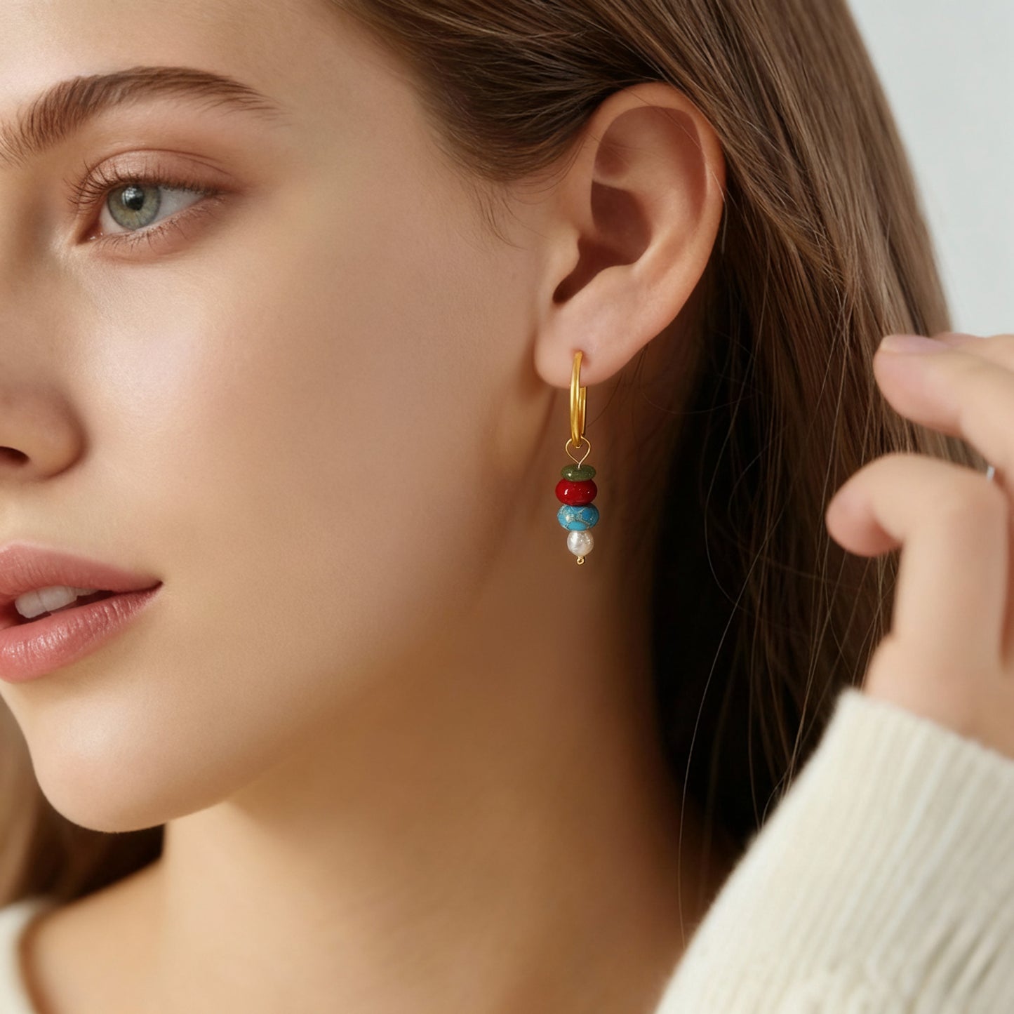 Pendientes de cuentas de ábaco de piedra natural estilo europeo | Acero de titanio chapado en oro