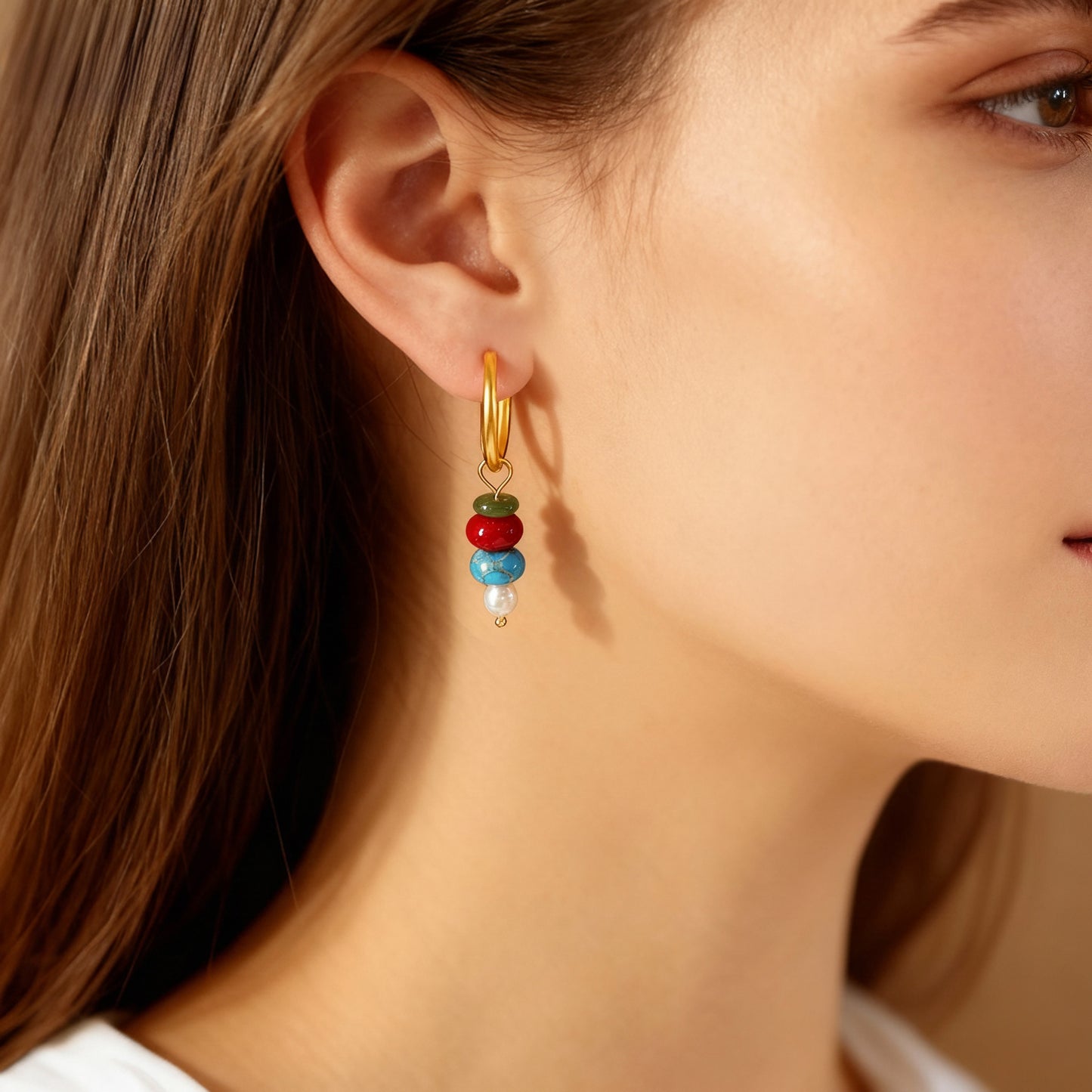 Pendientes de cuentas de ábaco de piedra natural estilo europeo | Acero de titanio chapado en oro