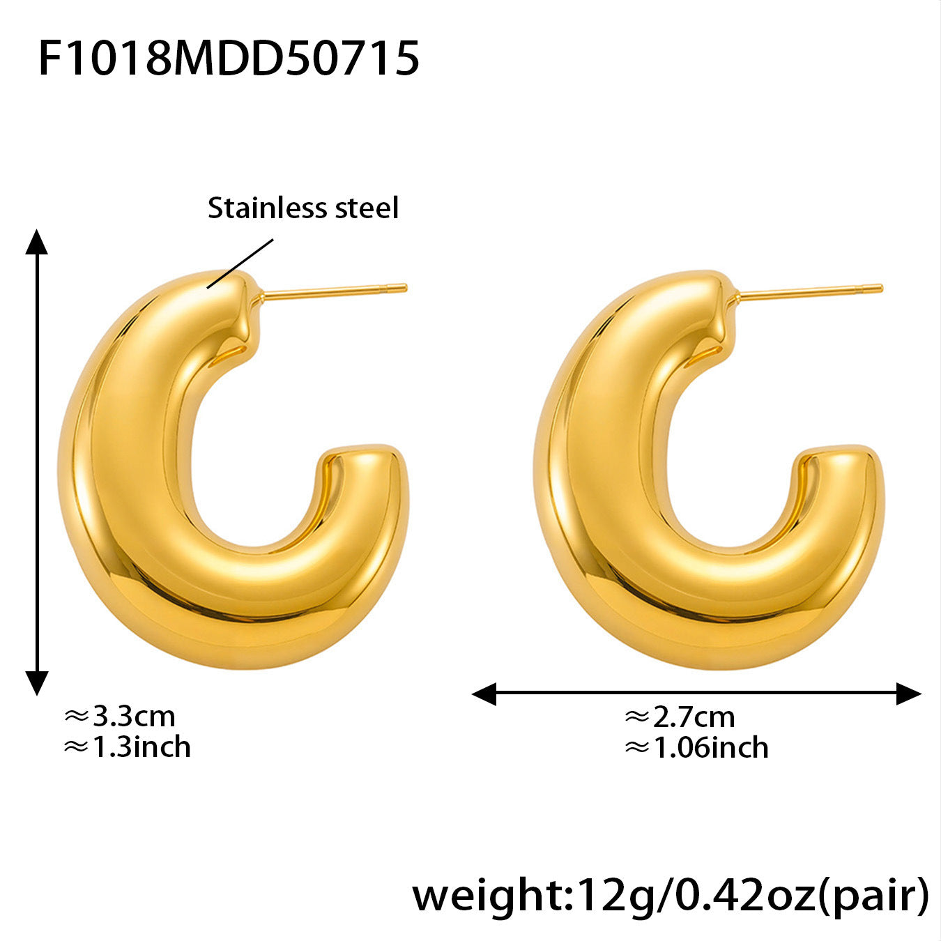 Gold hoop earrings with measurements and material details on a white background