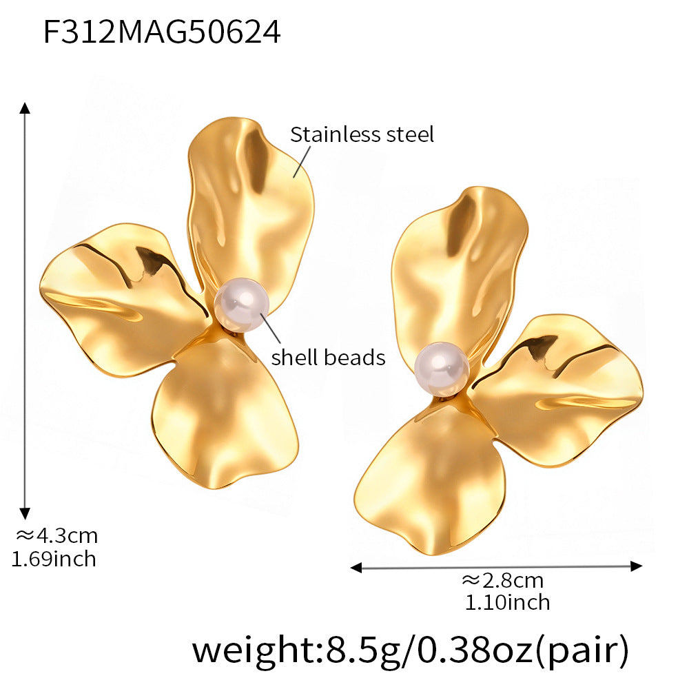 Shell Pearl Folded Petals Stainless Steel Stud Earrings