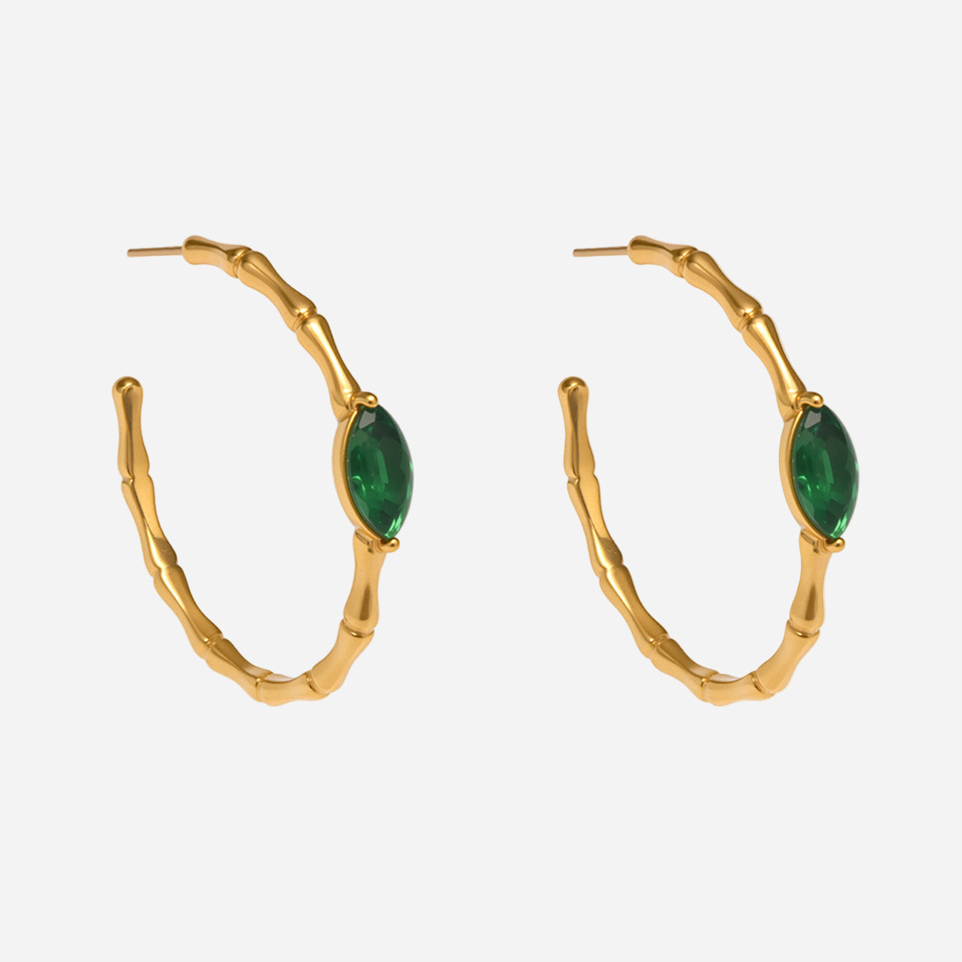 Gold bamboo hoop earrings with green glass stone, stainless steel opal-inspired hoops
