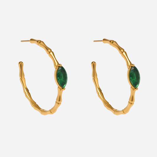Gold bamboo hoop earrings with green glass stone, stainless steel opal-inspired hoops
