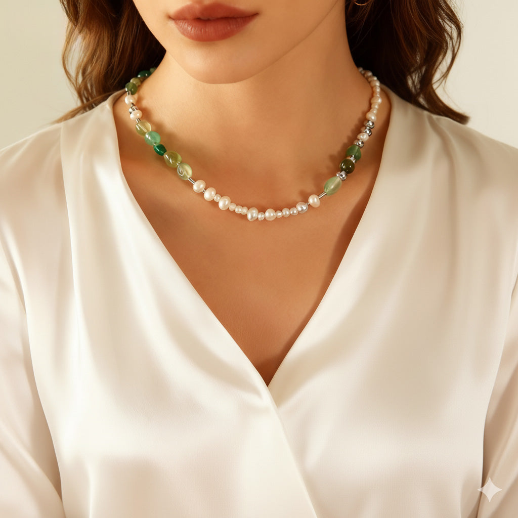 Collar de perlas de agua dulce con cuentas de piedra natural | Joyería resistente al agua