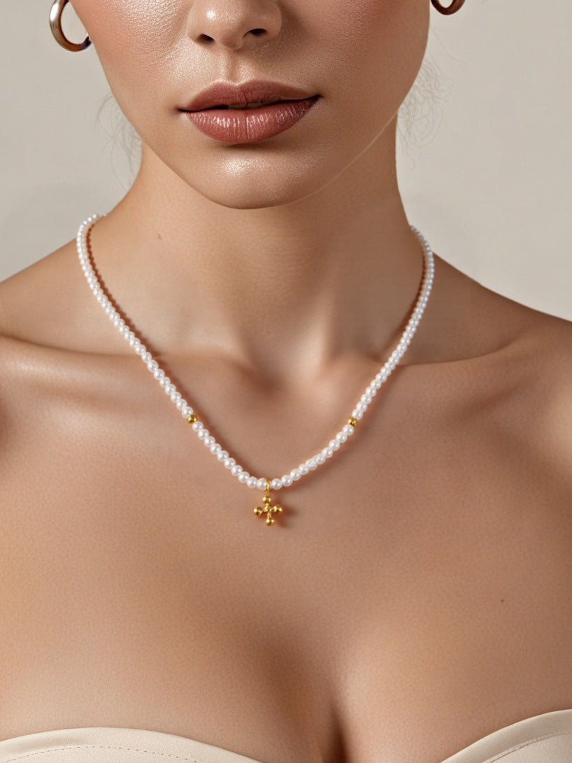 Glass & Pearl Cross Pendant Necklace – Elegant Faith Jewelry