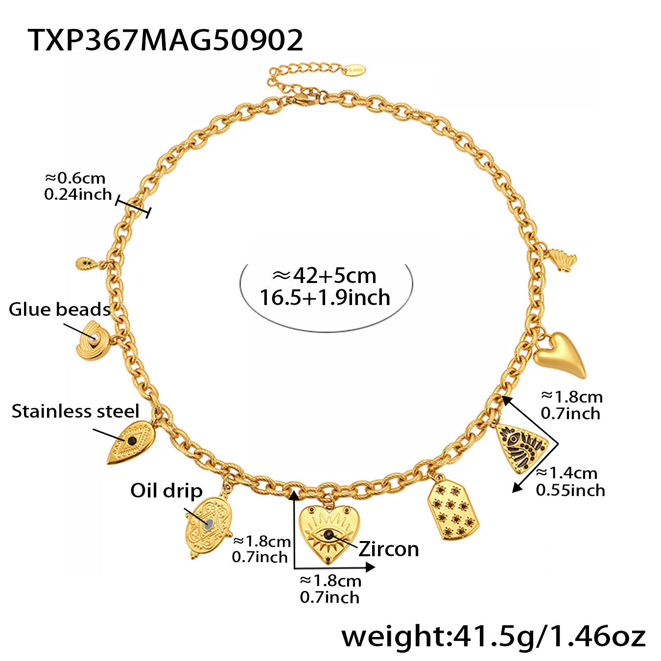 Size guide of the gold black zircon DIY charm necklace, showing the 42+5 cm chain length and measurements of each geometric pendant, crafted in waterproof stainless steel with a black zircon centerpiece.