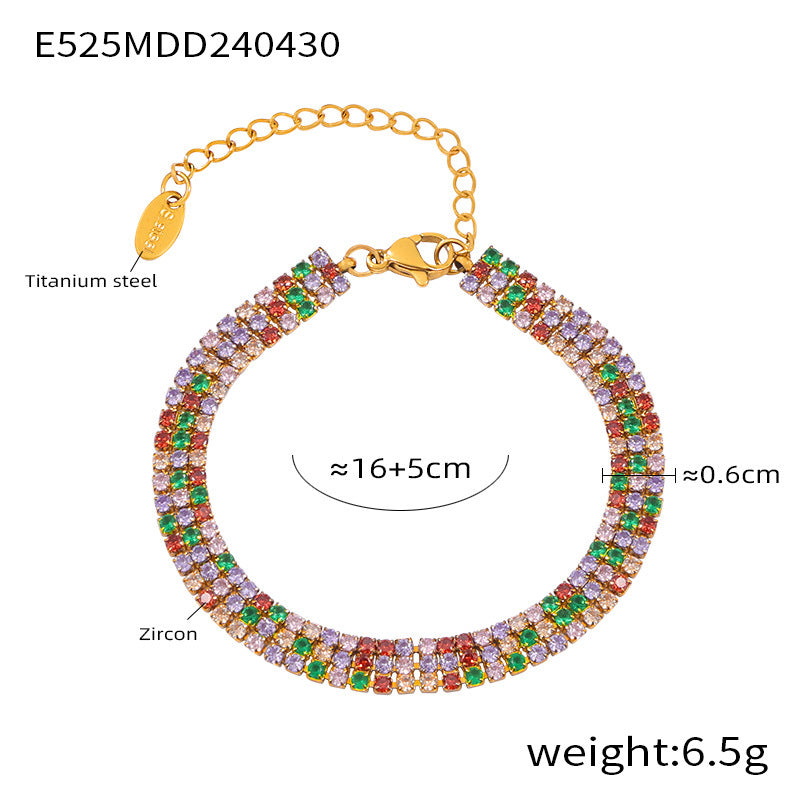  Gold stainless steel bracelet with zircon charms and sizing details on white background