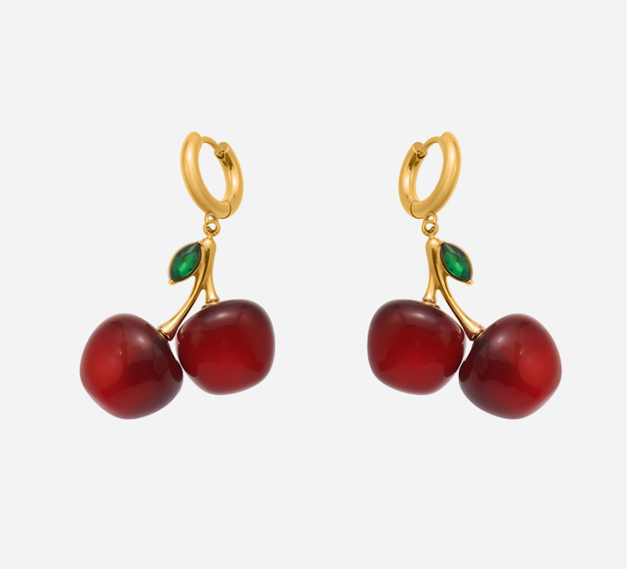 Gold juicy couture cherry hoop earrings with glossy red enamel fruit design