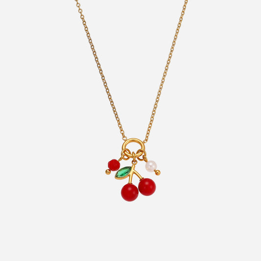 Gold cherry charm necklace on thin chain, waterproof stainless steel jewelry