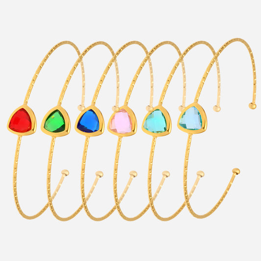 Six gold Czech glass bracelets in red, green, dark blue, pink, light blue, and light green on white background