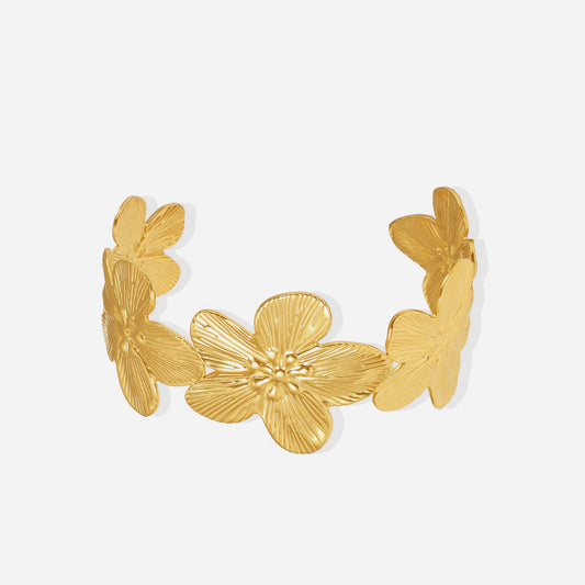  Gold Flora Cuff Tennis Bracelet in stainless steel on a white background