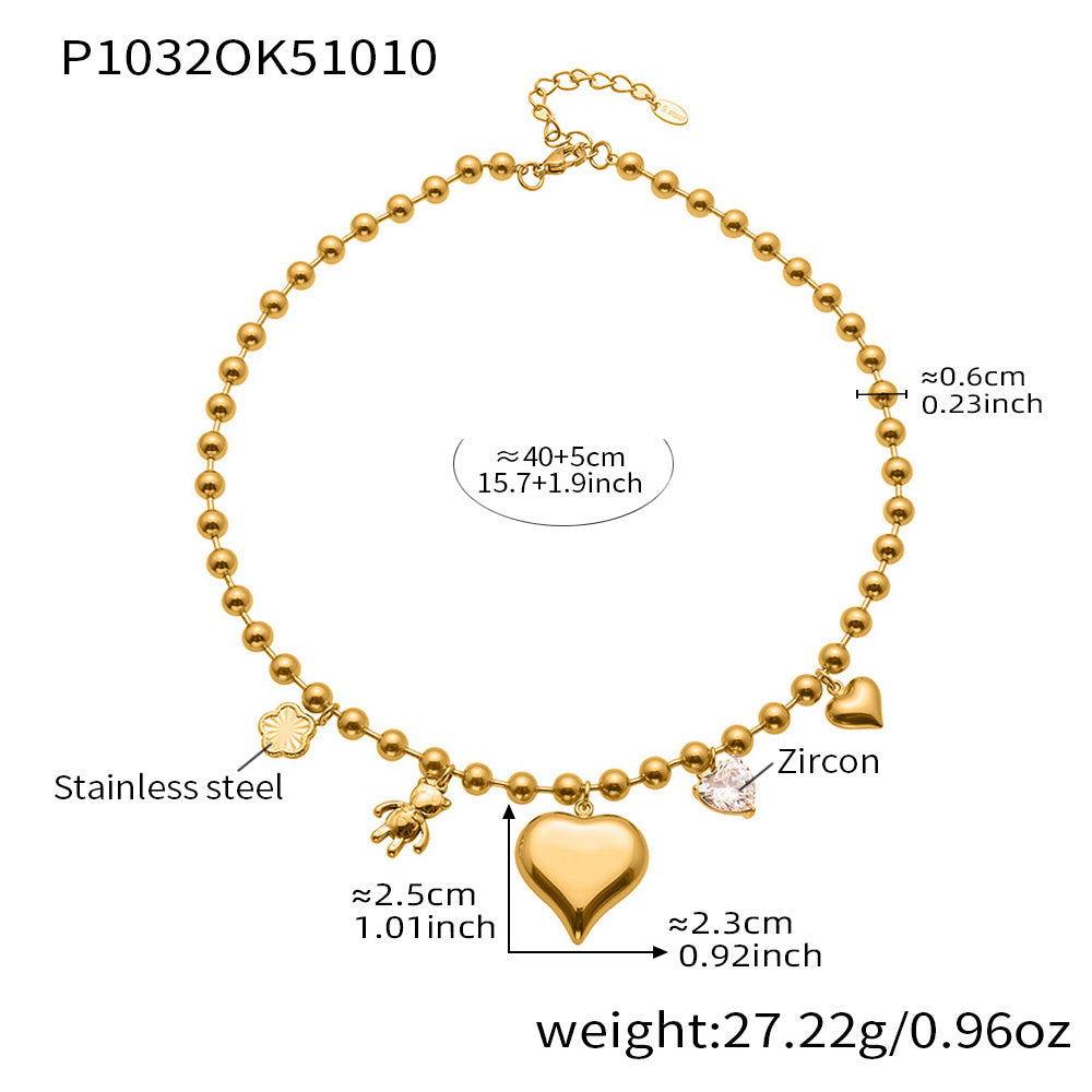 Size and weight chart for gold heart charm beaded necklace, lightweight waterproof stainless steel choker