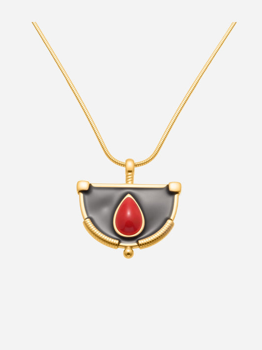 Gold snake chain necklace with red enamel fan pendant charm on white background, 18K gold plated stainless steel jewelry.
