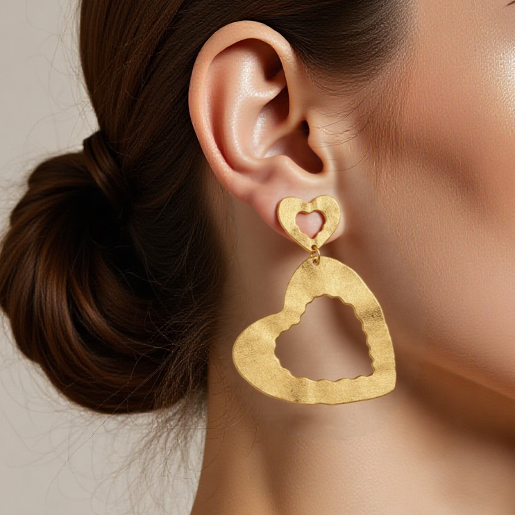 Gold Stainless Steel Double Heart Earrings