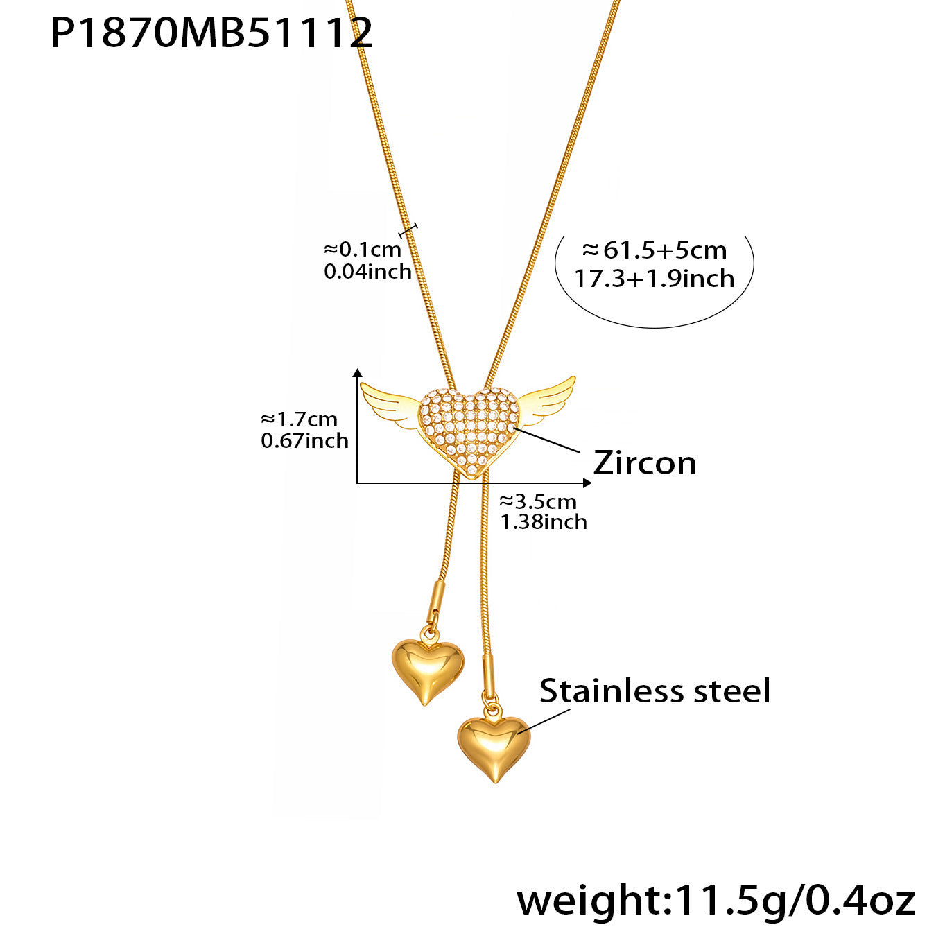 Size chart for the gold winged puffy heart necklace with measurements of the angel heart pendant, tassel length, and chain.
