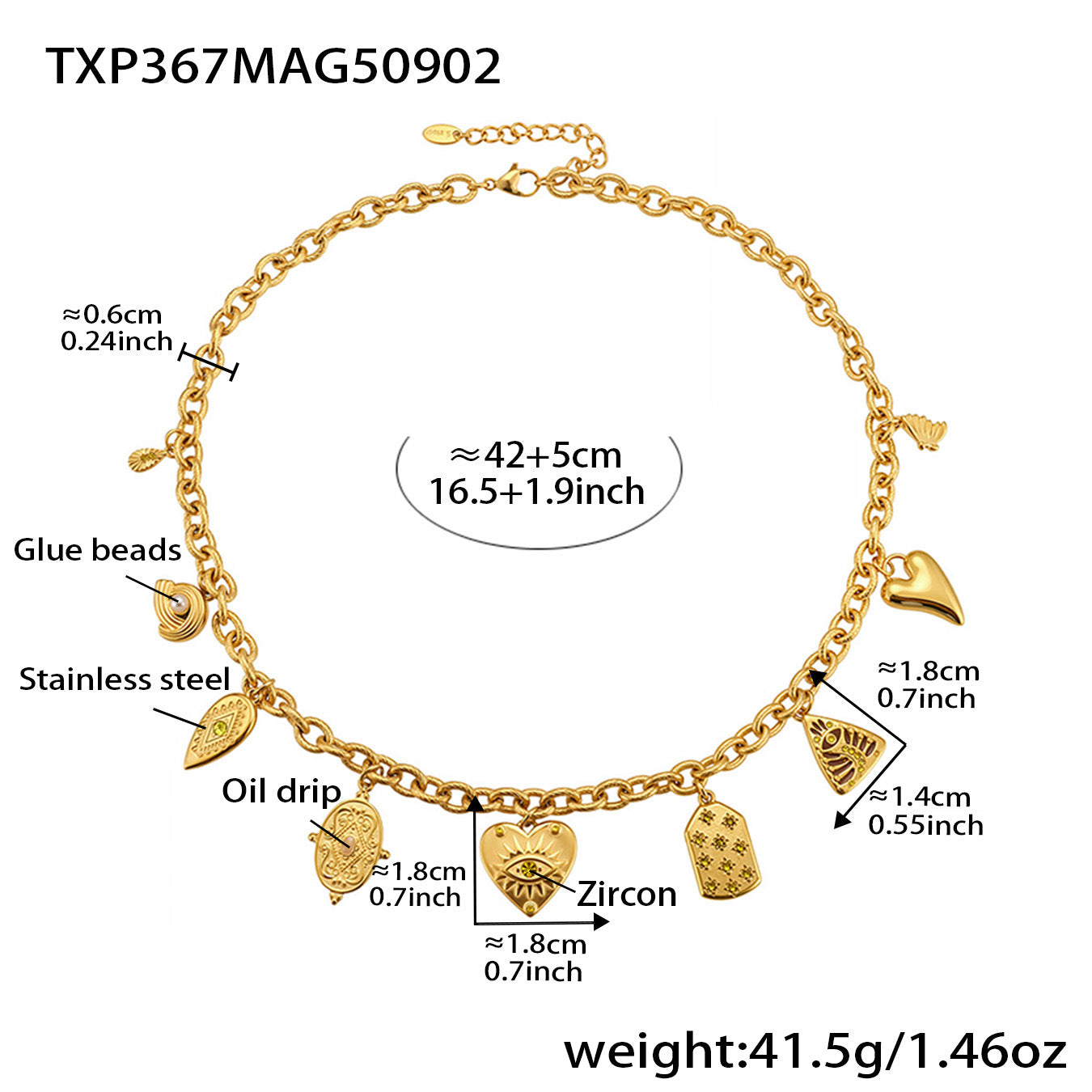 Detailed size chart of the gold yellow zircon DIY charm necklace, displaying the 42+5 cm chain length and pendant measurements, with a yellow zircon charm and multi-element geometric accents.