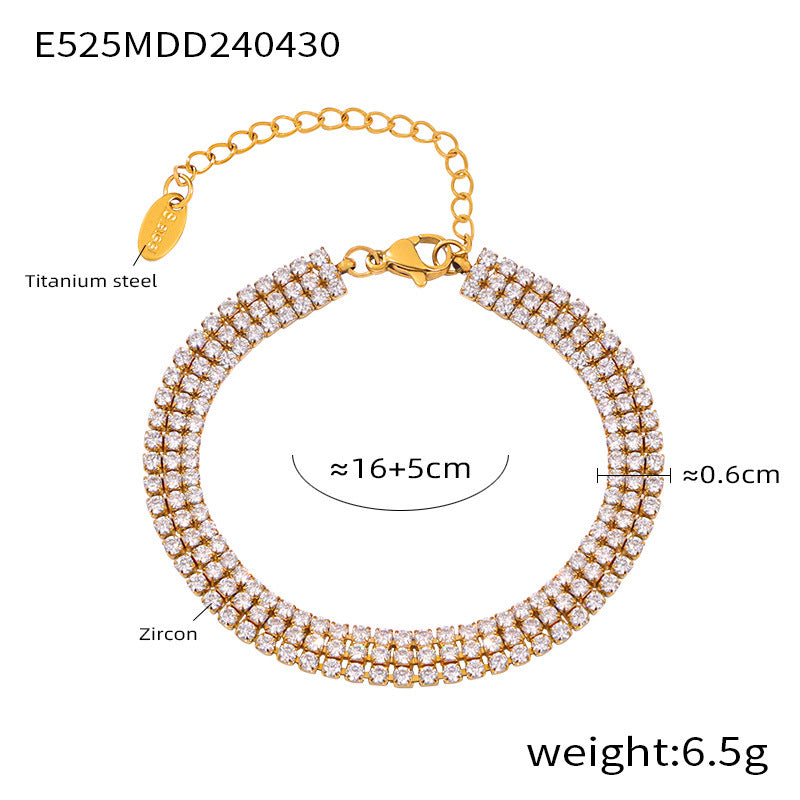 Gold zircon tennis bracelet with sparkle details and sizing specs – stainless steel waterproof piece