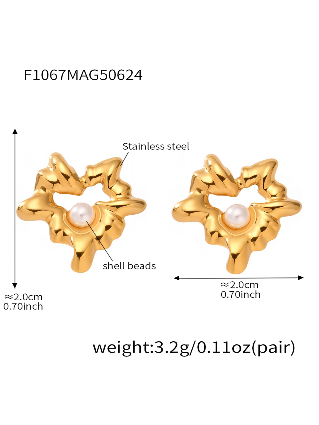 Gold Flower Stud Earrings Size Chart,
Gold earrings with shell beads and measurements on a white background