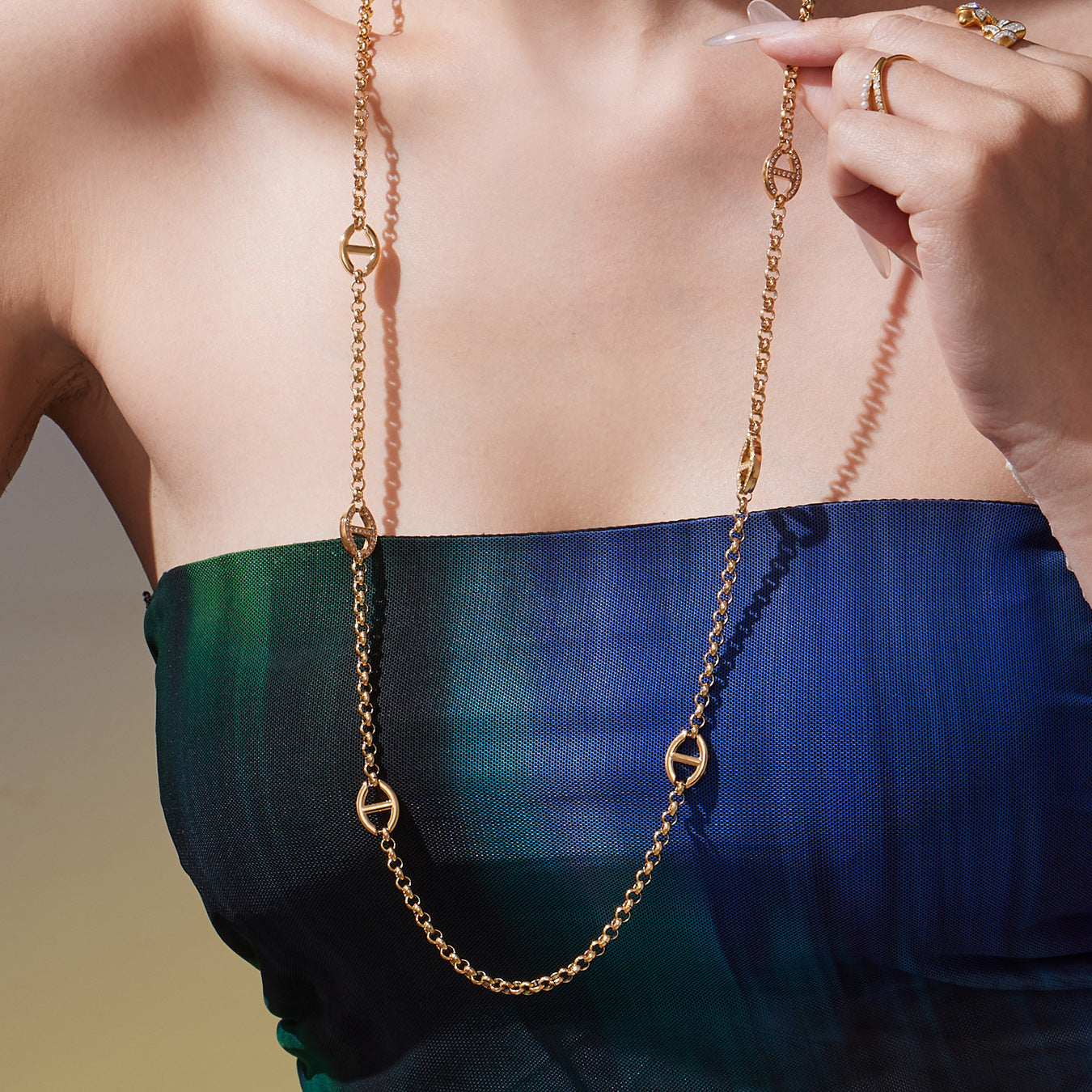 New Long Double Layer Stainless Steel Necklace With Rhinestone Clasp