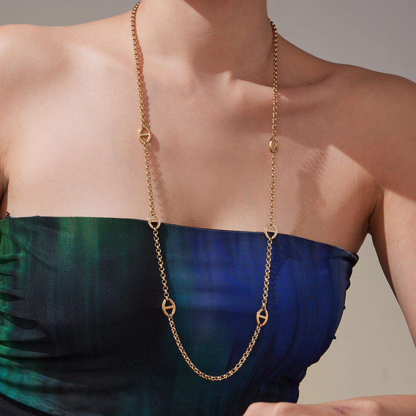 New Long Double Layer Stainless Steel Necklace With Rhinestone Clasp