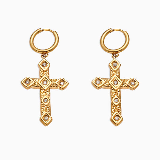 Retro textured cross micro-inlaid zircon earrings
