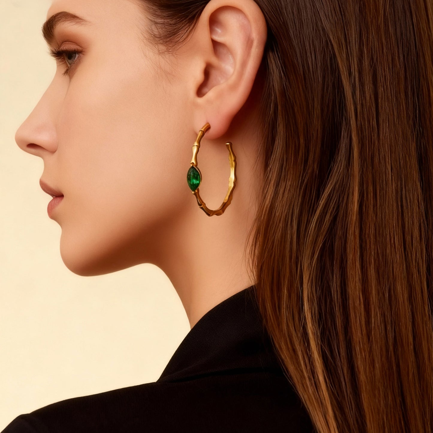 Green Glass Bamboo Hoop Earrings | 18K Gold Stainless Steel Opal-Inspired Hoops