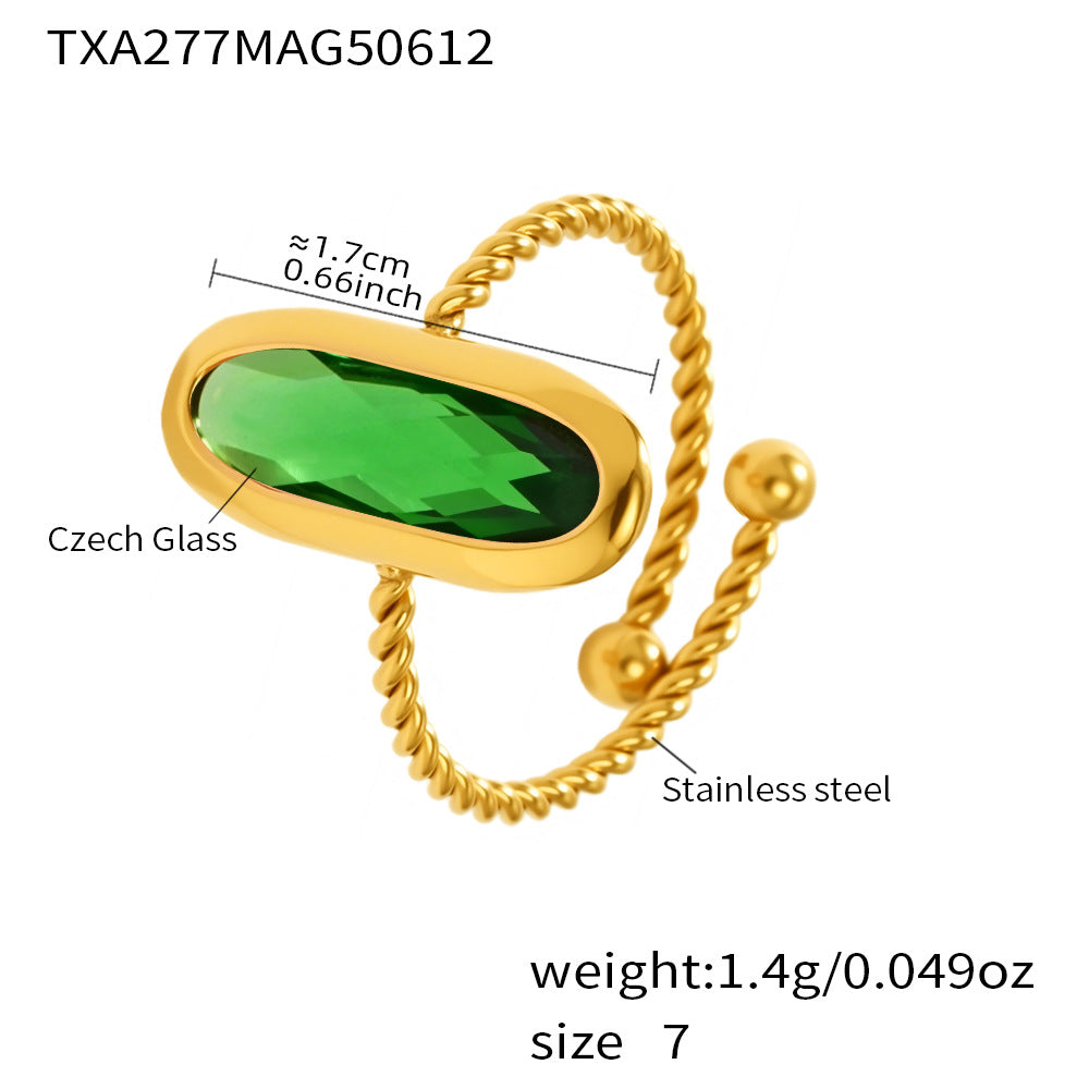 Gold bracelet with green Czech sea glass bead and measurement labels