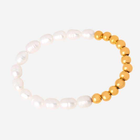 White background image of handmade freshwater pearl beaded bracelet with stainless steel clasp