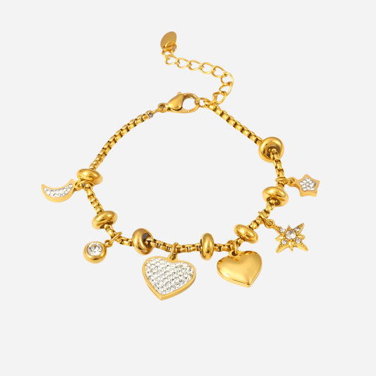 Gold heart, star, and round CZ charm tennis bracelet on white background – waterproof stainless steel design