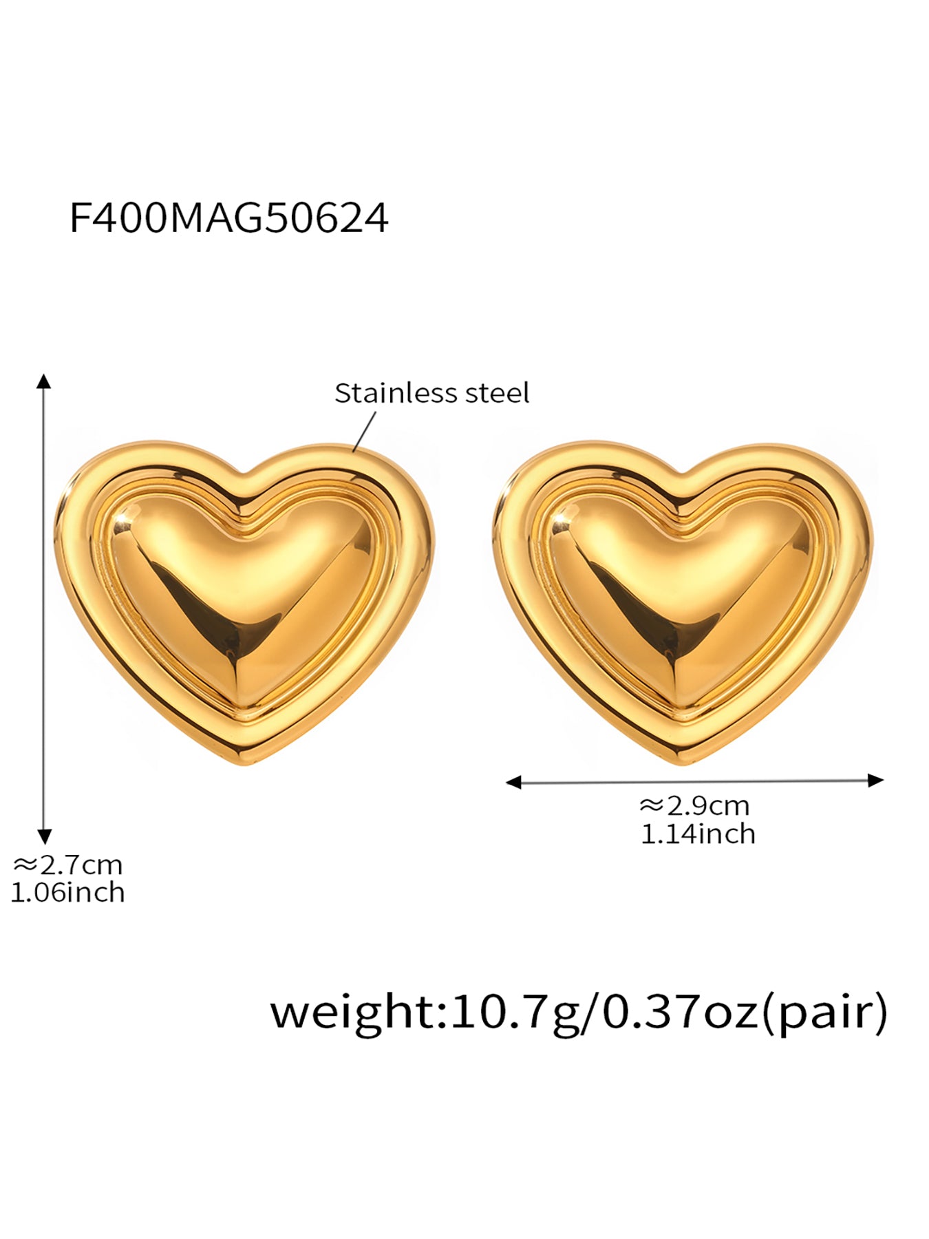 Size and weight diagram for the gold puffy heart stud earring