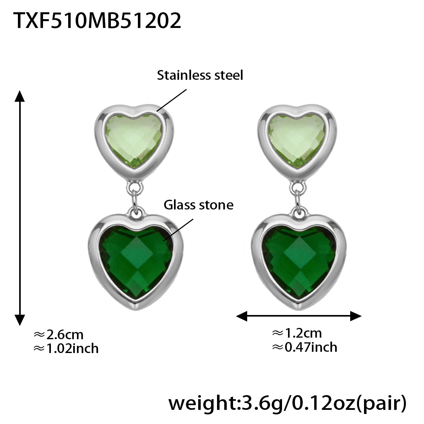 Sea Glass Heart Duo Stainless Steel Earrings