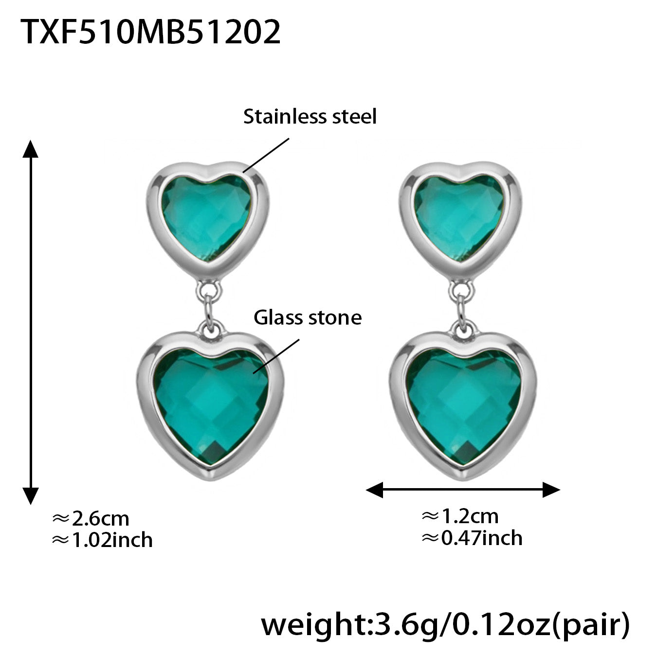 Sea Glass Heart Duo Stainless Steel Earrings