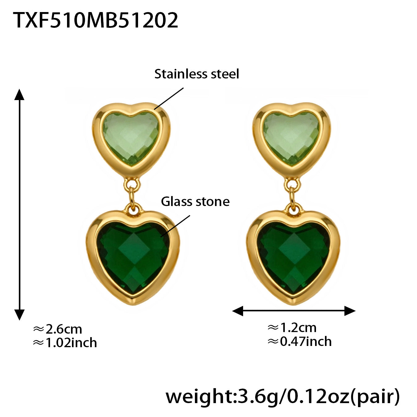 Sea Glass Heart Duo Stainless Steel Earrings