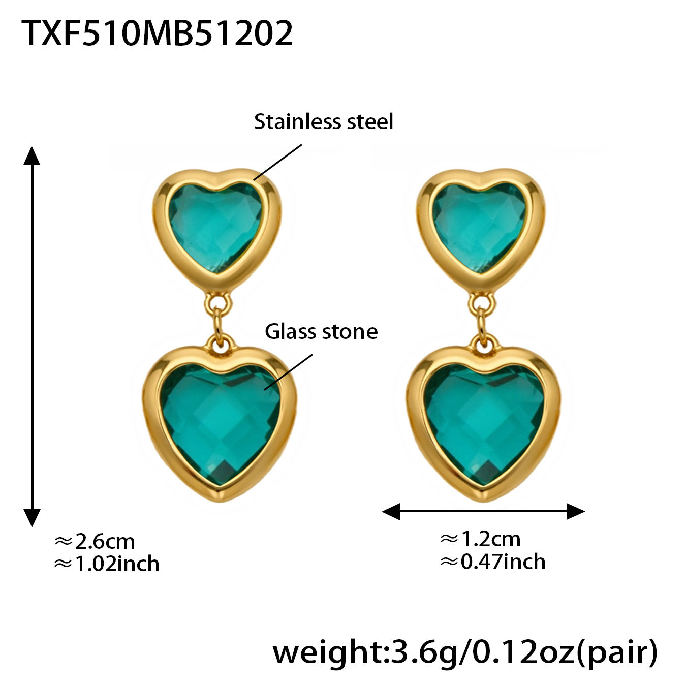 Sea Glass Heart Duo Stainless Steel Earrings