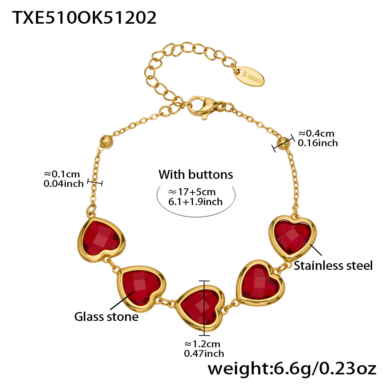 Sea Glass 5 Hearts Stainless Steel Bracelet