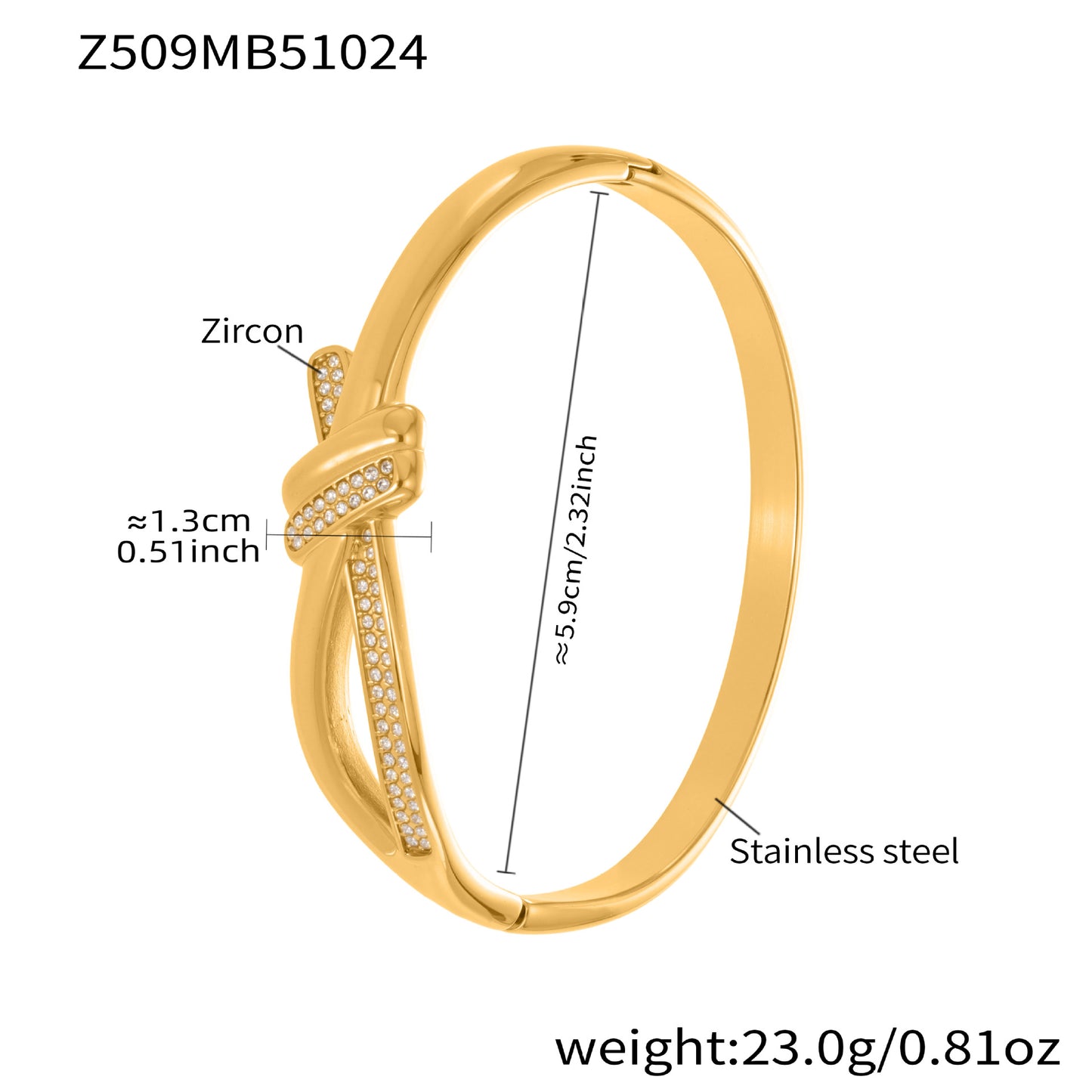18K gold knotted CZ cuff bangle with clear measurement markings and zircon detailing, designed to show the bracelet’s structure, proportions and premium stainless steel finish.