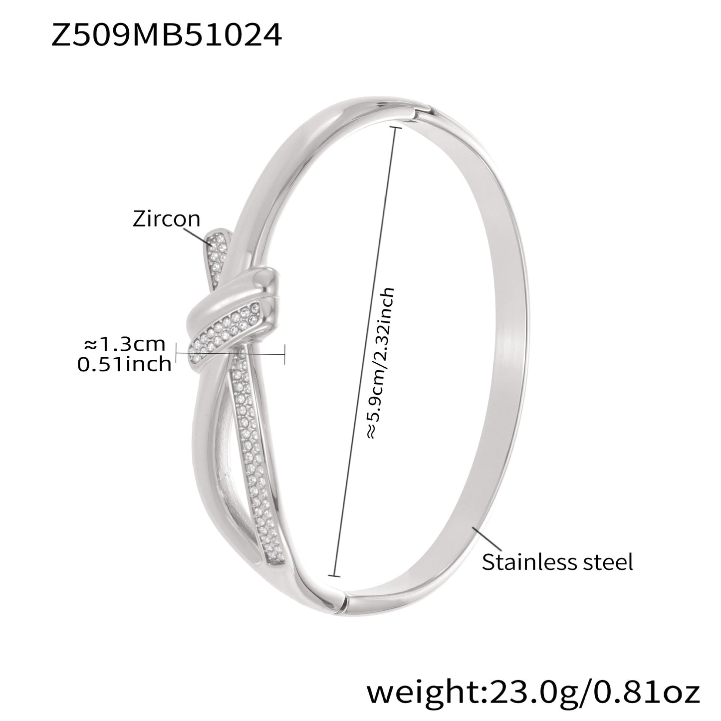 Silver knotted CZ cuff bangle with detailed size measurements and material labels, highlighting its durable stainless steel structure and delicate zircon accents.