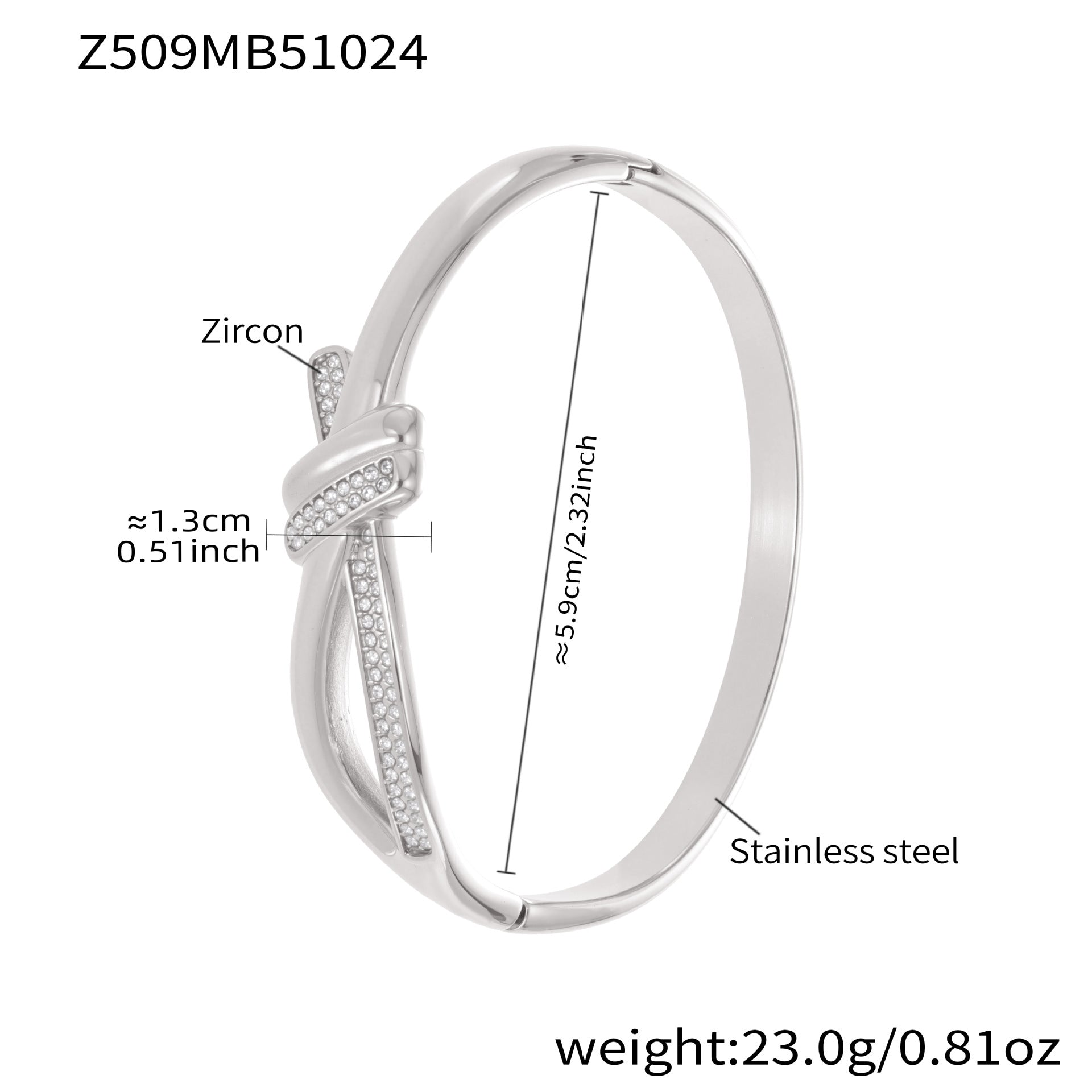 Silver knotted CZ cuff bangle with detailed size measurements and material labels, highlighting its durable stainless steel structure and delicate zircon accents.