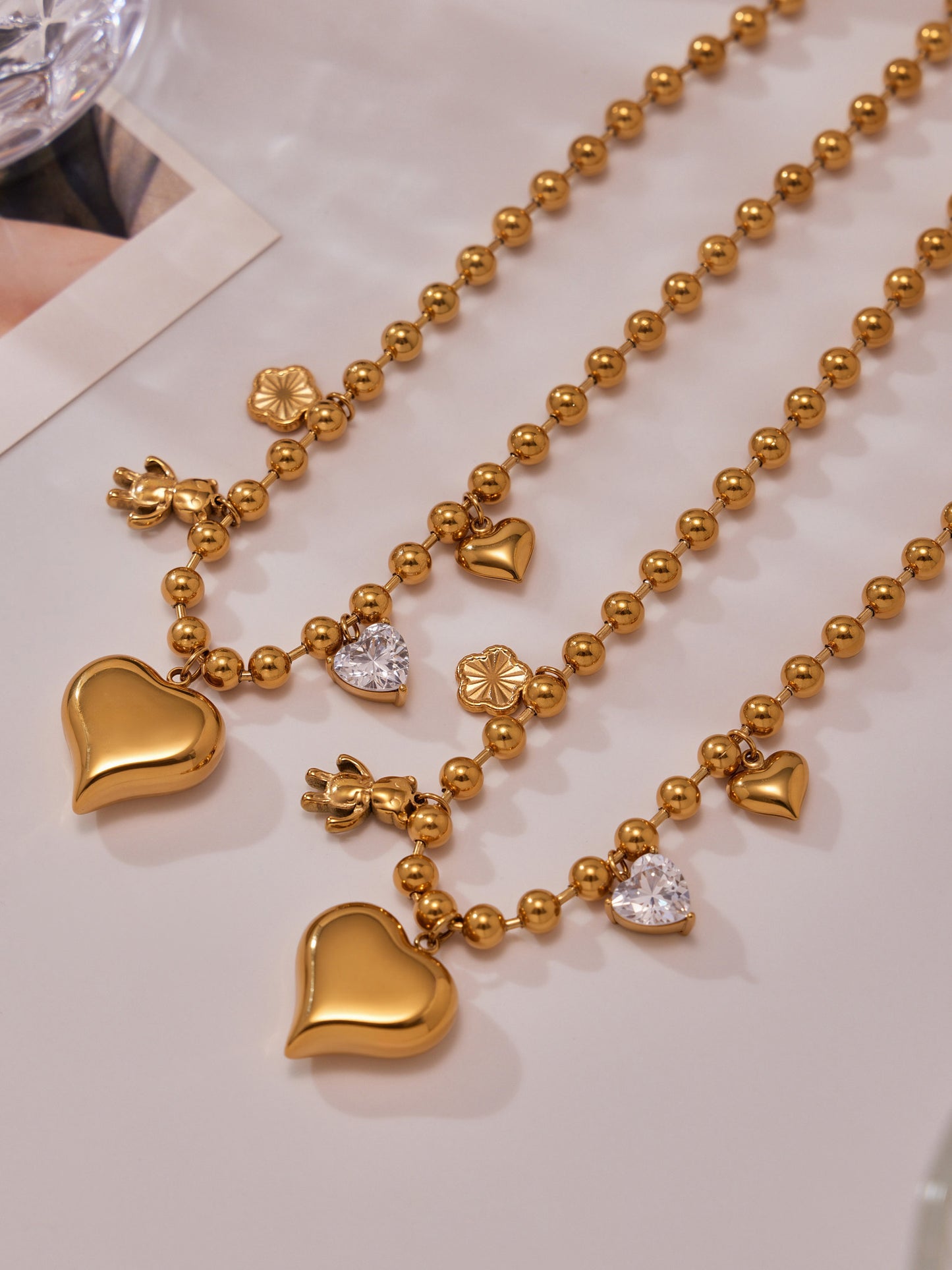 Layered gold heart charm necklaces with beaded chain, waterproof and hypoallergenic stainless steel jewelry