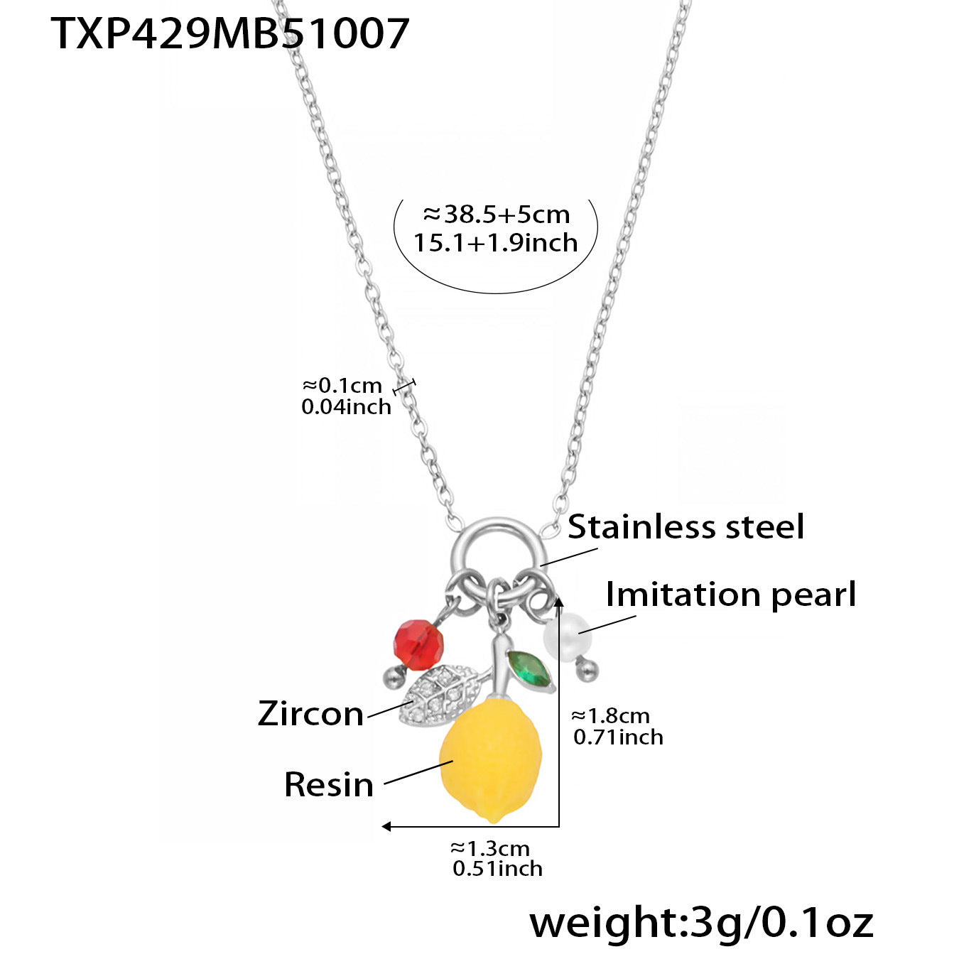 Size specification diagram of the lemon charm necklace showing the stainless steel chain length of 38.5 cm plus 5 cm extender, a 1.3 cm yellow resin lemon pendant, 1.8 cm fruit charm cluster, red zircon bead, green leaf crystal and imitation pearl elements, with weight marked as 3g.