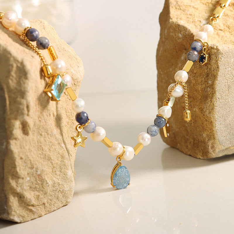Freshwater pearl choker necklace placed in sunlight scene

