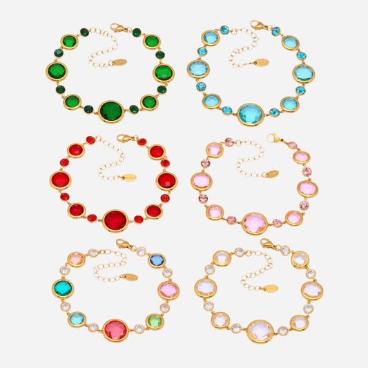 Six Czech glass sea glass bracelets in gold, white background, front layout