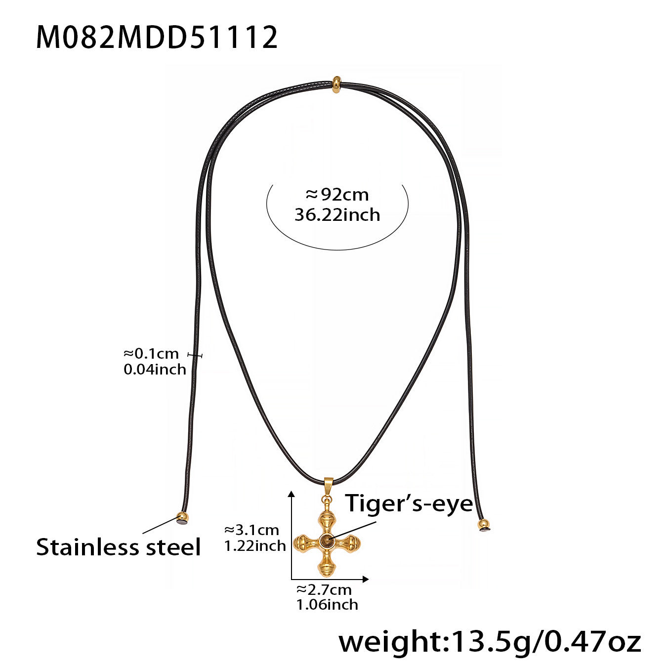 Black cord necklace with measurements and details on a white background