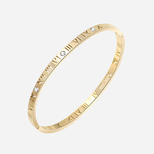 Slim gold stainless steel bracelet with pavé CZ stones on a white background