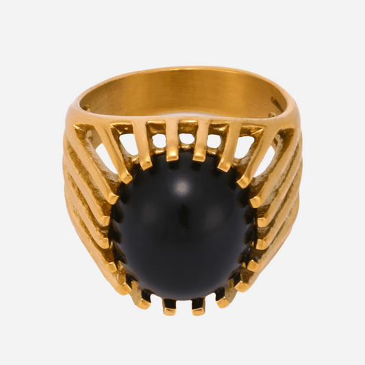 Onyx openwork adjustable gold ring with black stone on white background – minimalist stainless steel jewelry