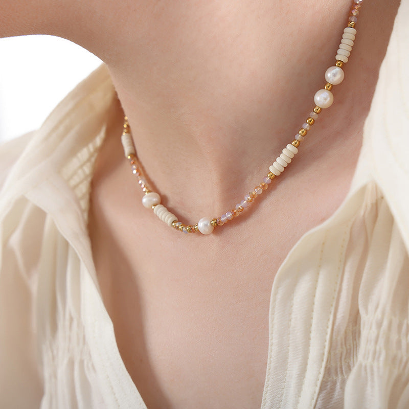 Model wearing colorful freshwater pearl beaded necklace